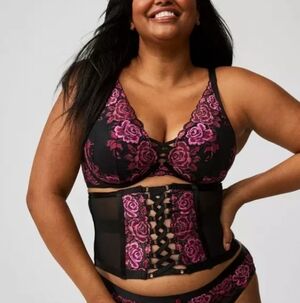 Torrid Rich Black Lace-Up Waist Cincher with Pink Rose Embroidery Size 2